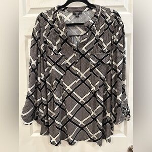 COCOMO 3X Beige Black White 3/4 sleeve Plus Sz women's Pintuck Blouse shirt EUC